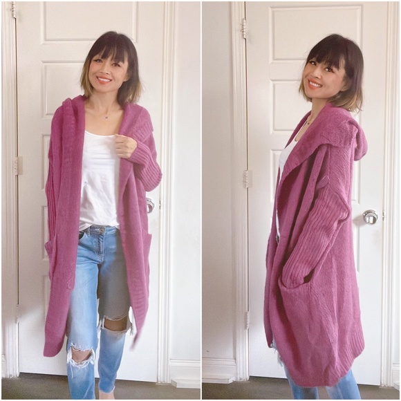 Cozy Magenta Oversized Pocket Long Cardigan - Picture 1 of 4